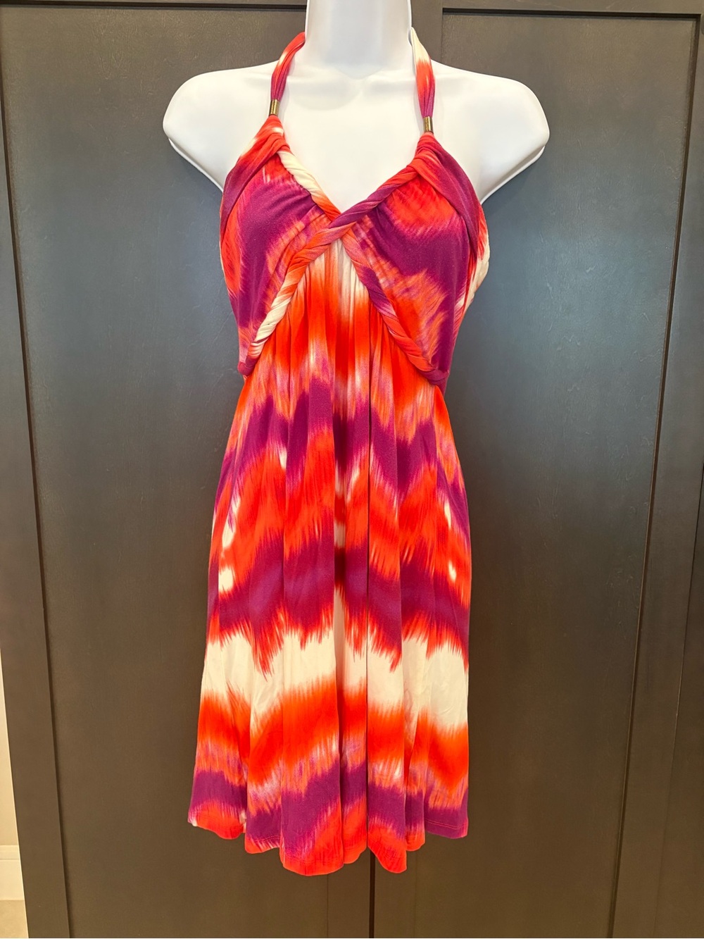 Tart Twist-Halter Mini Dress - Red, Purple & White